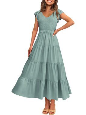 Women's Grey Summer Flowy Maxi Dress Casual Cap Sleeve V Neck Smocked Beach